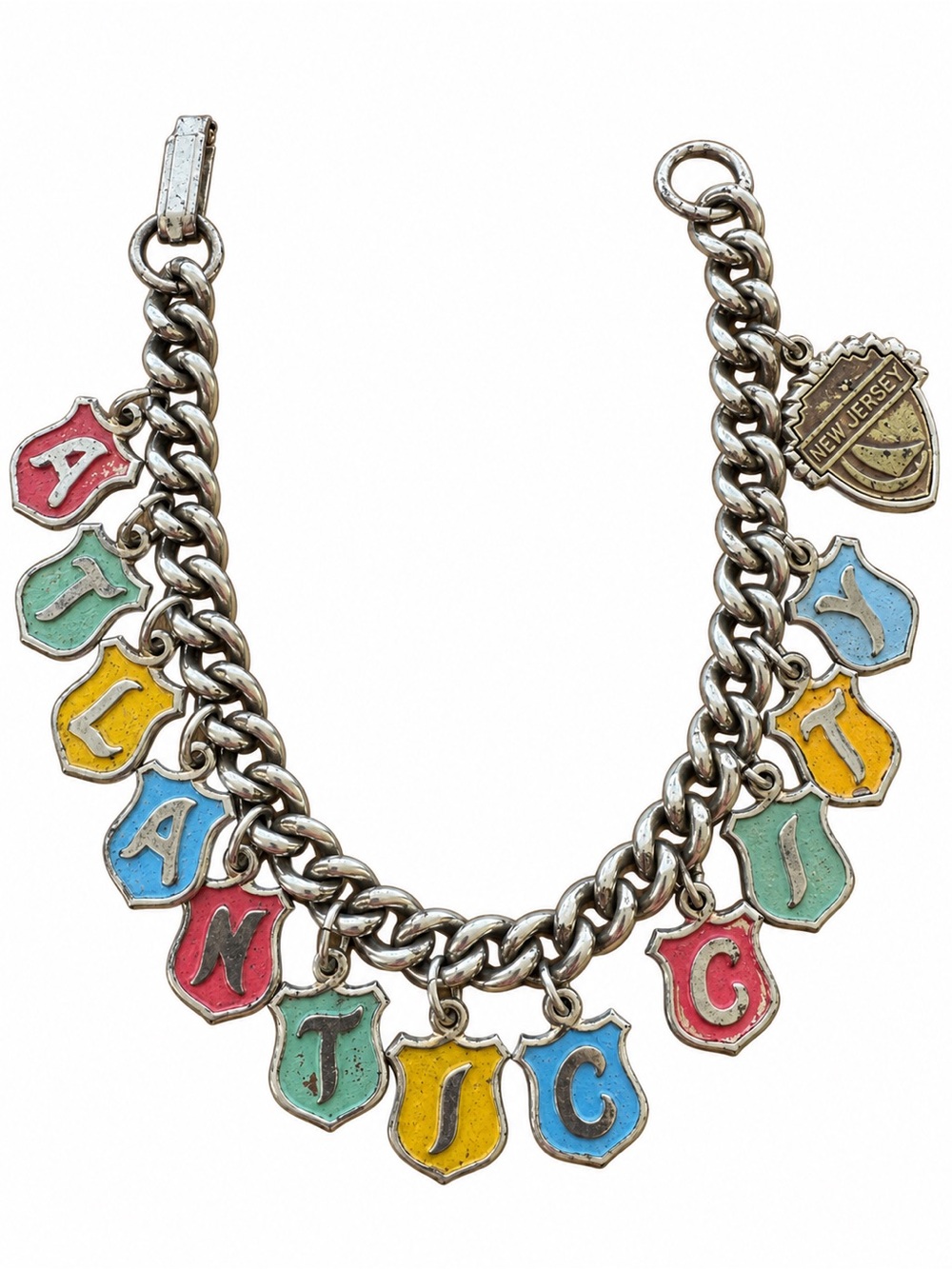 Vintage Atlantic City Enamel Shield Charm Bracelet New Jersey 7”